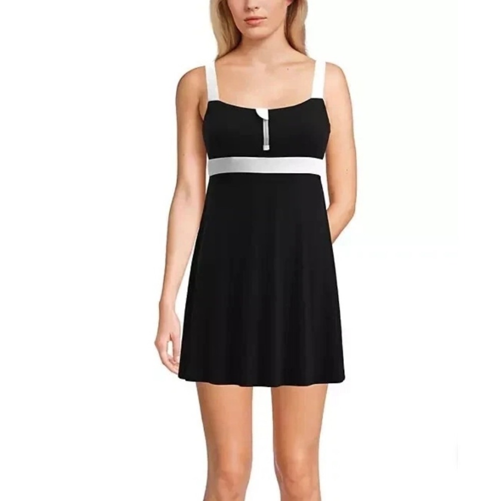 Lands End Womens Black White Empire‎ Waist Swim Dress Large 14-16 B82H18AK